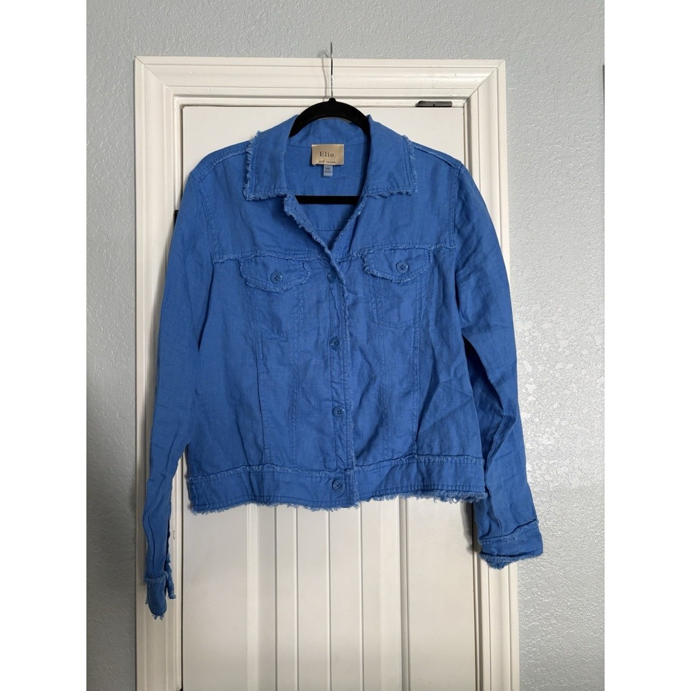 Elie Tahari Linen Jacket Womens Medium Blue Frayed Hem Trucker Button Up Coat
